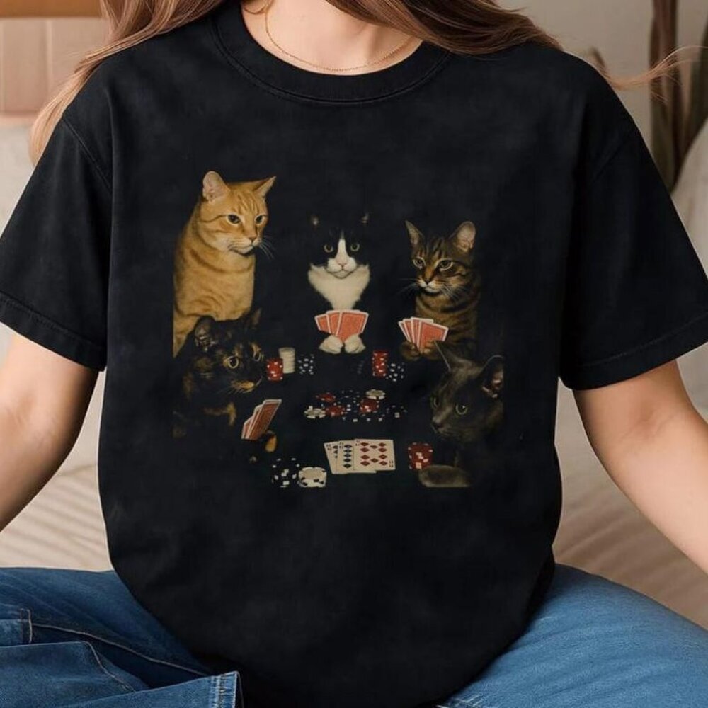 Vintage Cats Playing Pokerr Meme Graphic Tee, Funny Cat Shirt, Funny Poker Graph